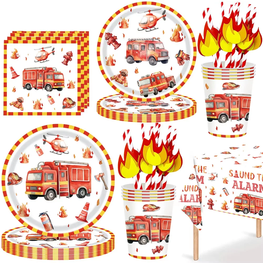 Aquarell Feuerwehrauto Geburtstag Party Supplies Feuerwehrmann Geschirr Feuerwehrmann Party Feuerwehrauto Pappteller Tassen Serv