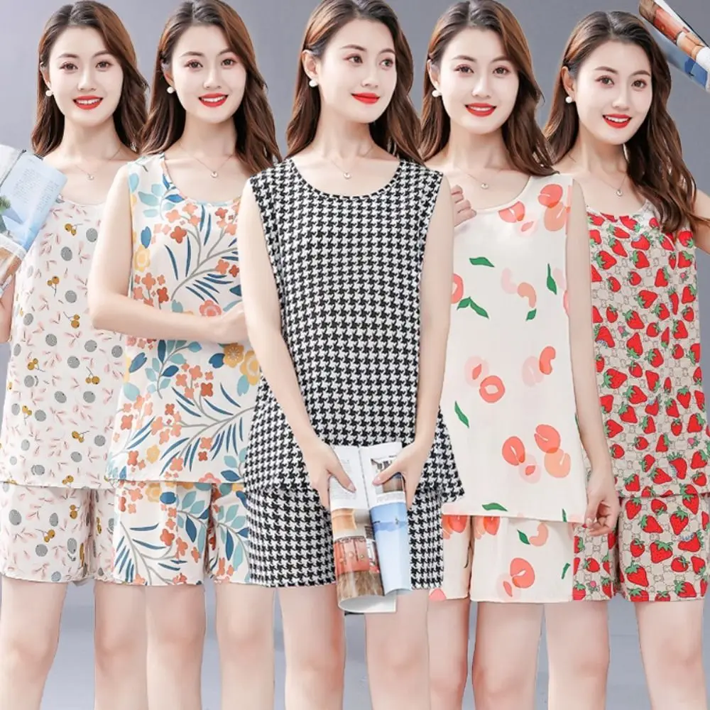

Soft Cute Woman's Pajamas Set Floral Printed Lattice Sleeveless Pajamas Cotton Silk Loose Floral Sleepwear Women's Clothing