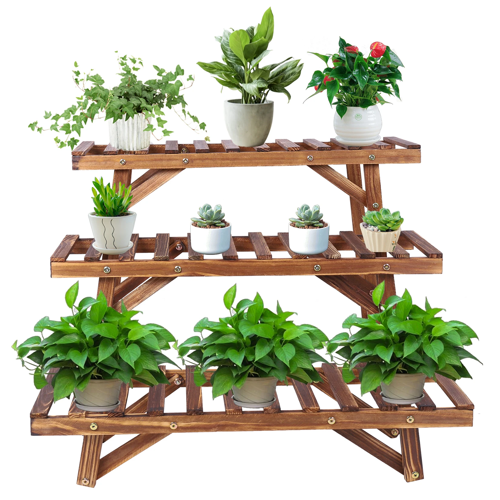 

3 Tier Wood Ladder Shelf Corner Plant Stand Indoor Outdoor Flower Pot Rack