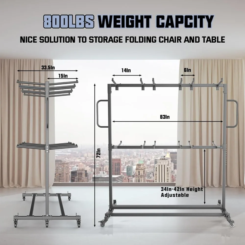 طاولة وكرسي قابلة للطي بطبقتين مع 6 عجلات دوارة، سعة 800 رطل، رف وأشرطة للتخزين #5