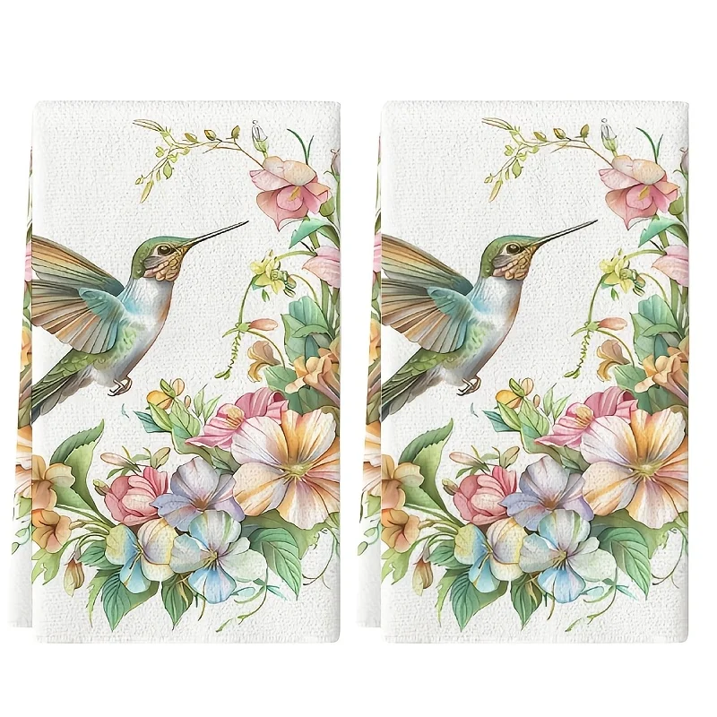 Cleaning Cloth 2PCS kitchen towel, hummingbirds are attracted by the fragrance of flowers to design patterned kitchen towels
