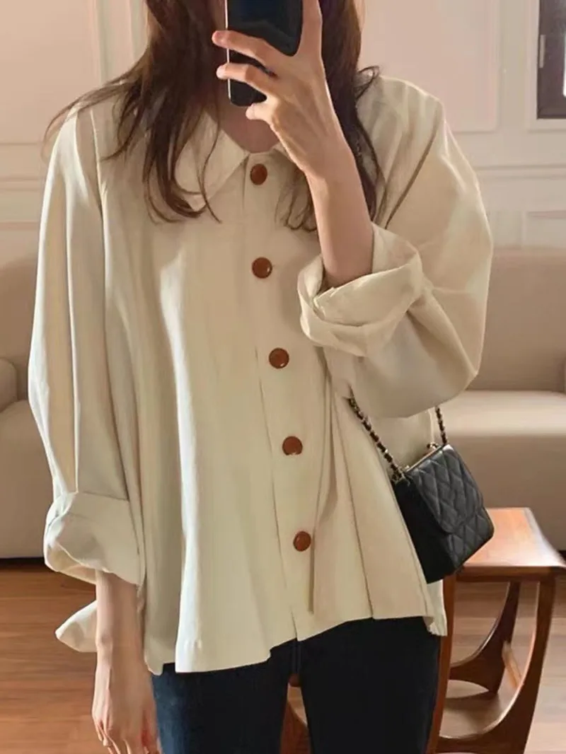 French minimalist lapel shirt for women's 2024 new casual versatile loose fitting shirt apricot age reducing long sleeved 3QTE