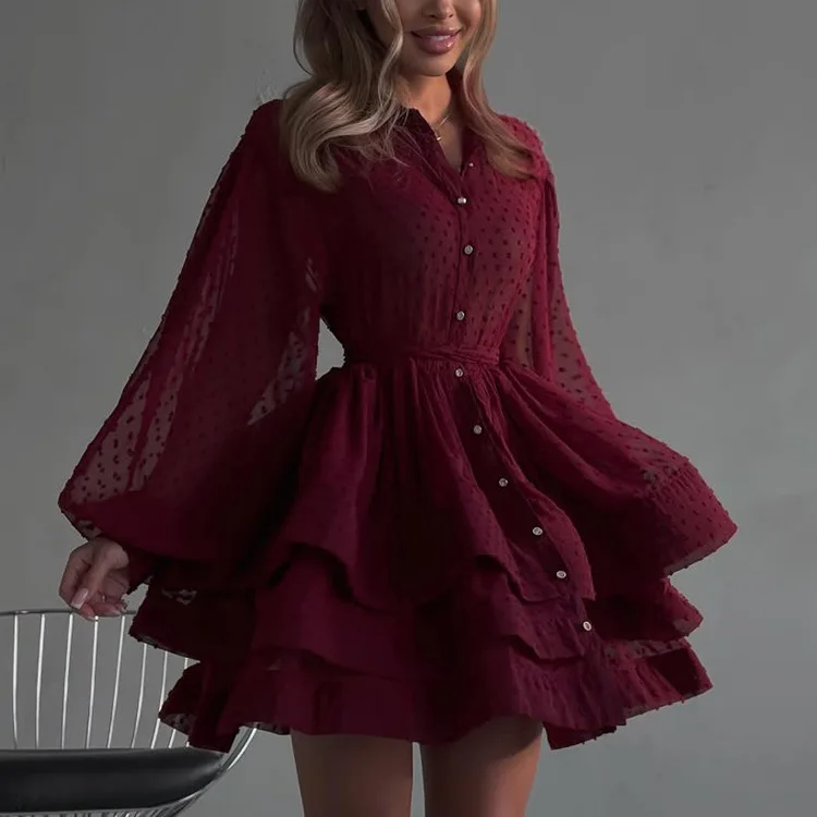 Elegant Red Lapel Dresses 2026 Woman Casual Long Sleeve Single Breasted Dresses Fashion High Waisted Ruffled Mini Boho Dress