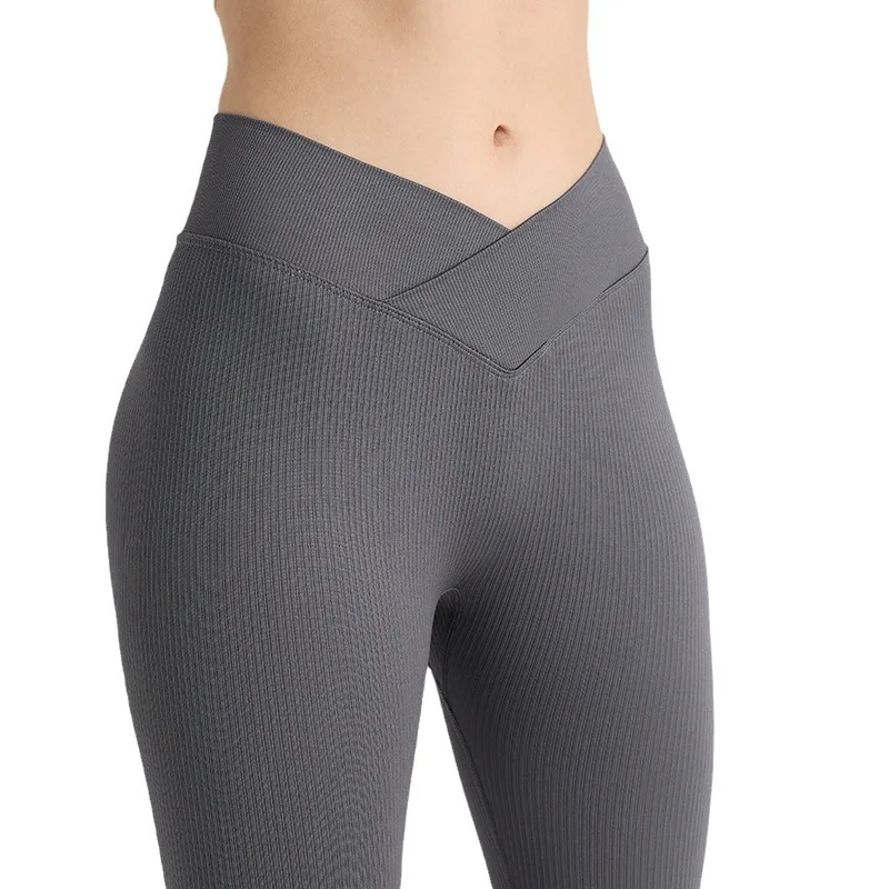 Ribbed Knited Leggings Women Cross Waist Slim Tights Seamless Sexy Hip Liftting Pants Gym Workout Running Stretchy Yoga Pants