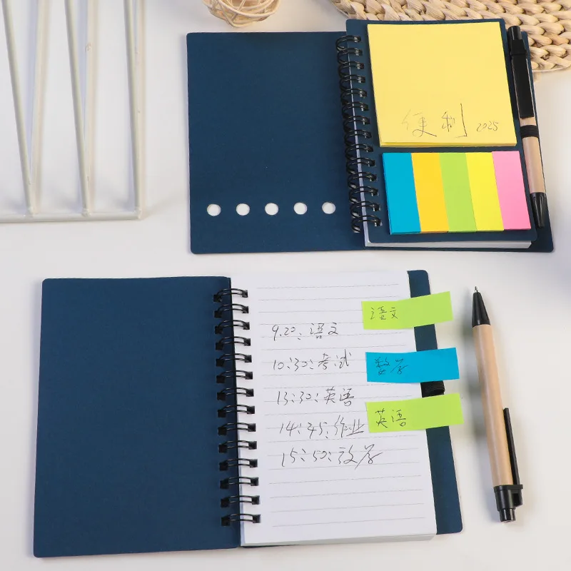 Spiral Pocket Notebook Kraft Paper Cover With Pen Slot Sticky Note Index Tag Portable Durable Student Office Stationery Supply