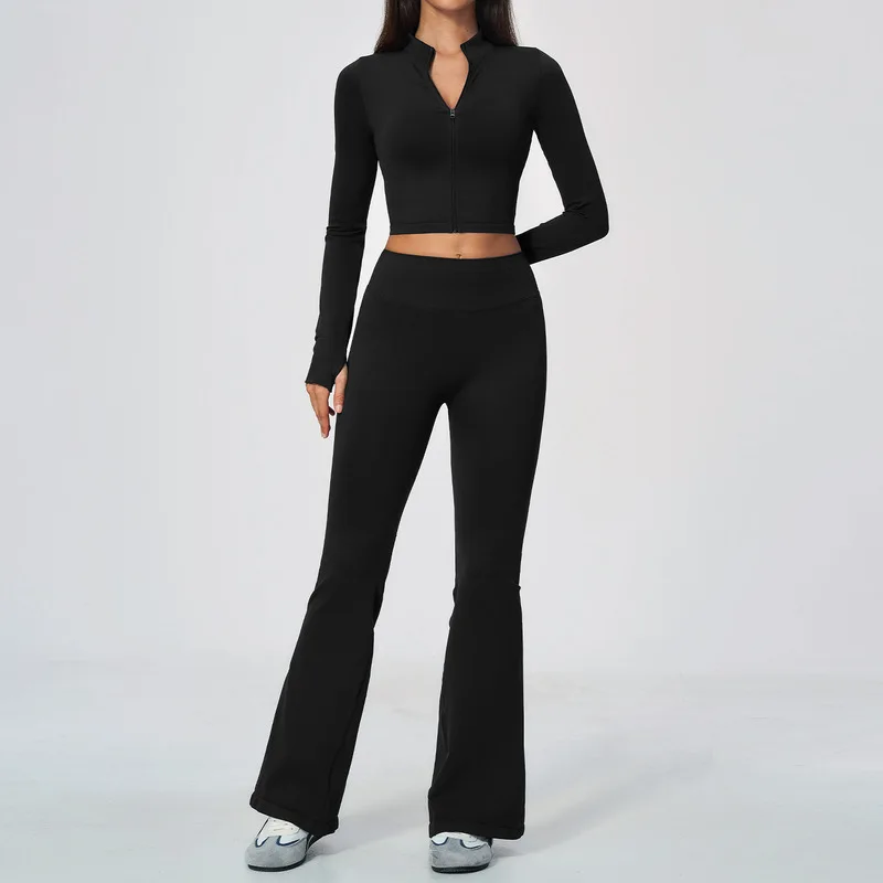 2Pcs Ladies Seamless Fitness Suit Zip Stand Collar Long Sleeve Jacket Butt Lifting Flared Leggings Yoga Running Sportswear
