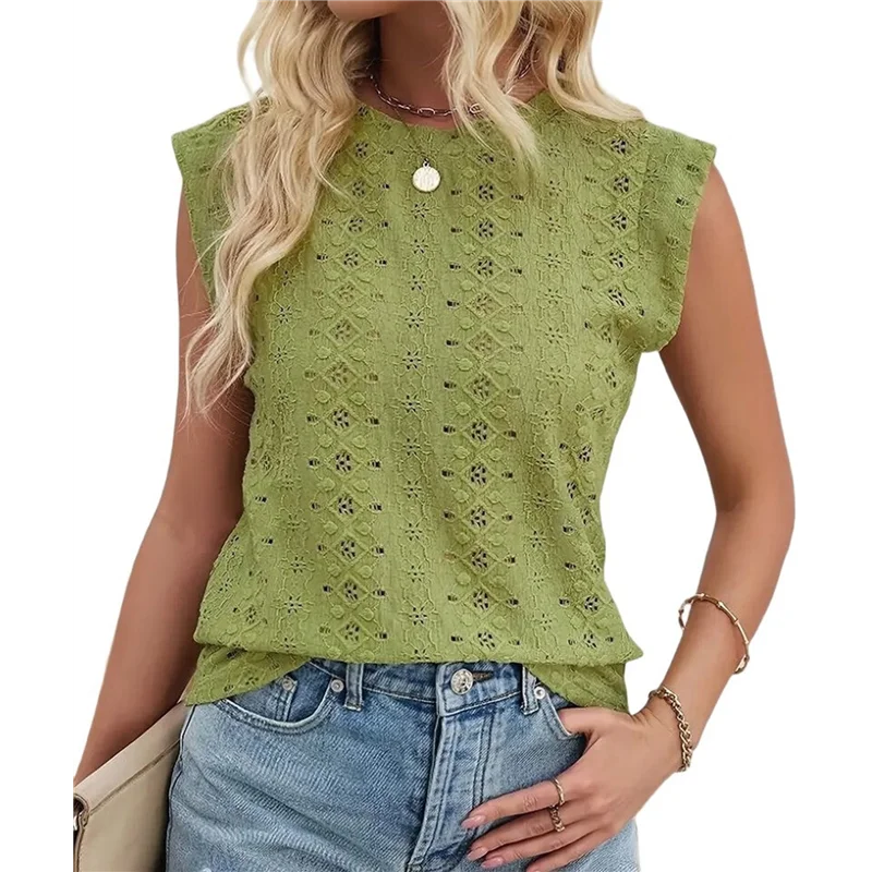 CYL-المرأة الصيف بلايز عادية Crewneck كاب كم قمصان خفيفة الوزن الكروشيه متماسكة الملمس تانك القمم البلوزات