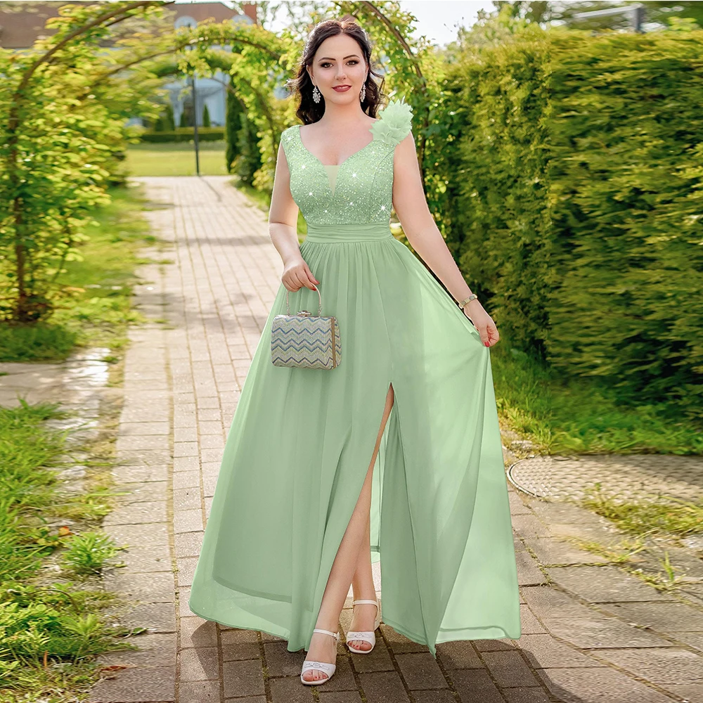 Customized Exquisite Mother of The Bride Dresses Women's Vintage V-Neck Sleeveless Sequined Split Formal Evening Maxi Dress