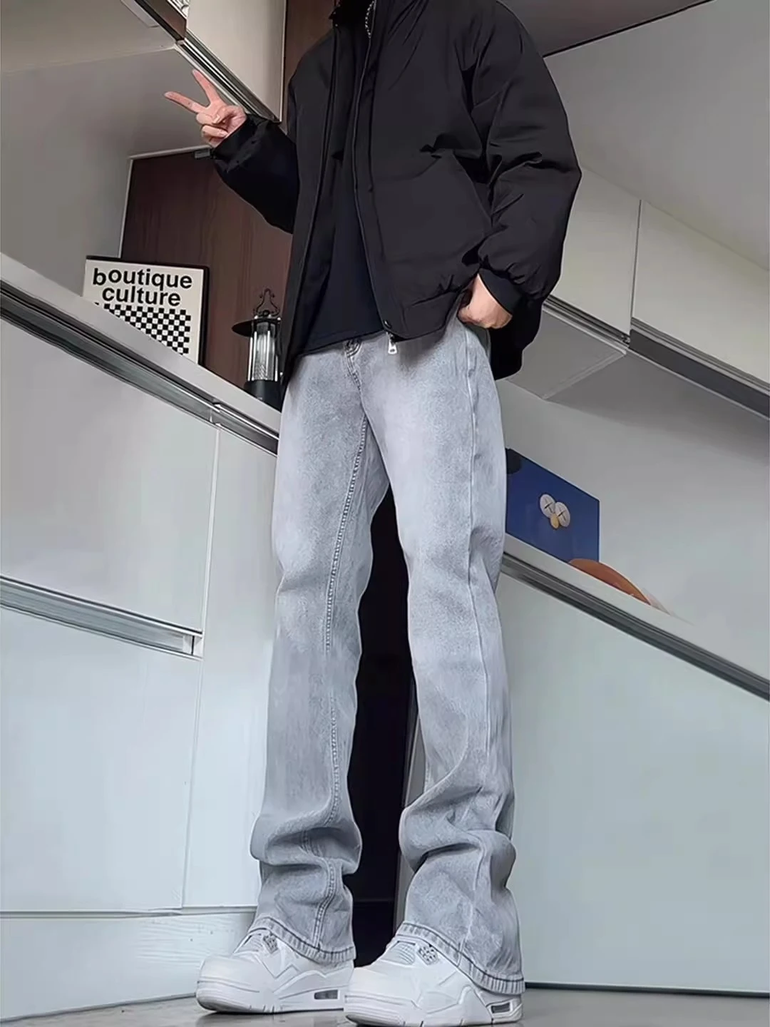 

ay Fce Lined Slim Fit Straight Leg Men's Jeans High Rise Bootcut Trousers American High Street Sle Winter Faion