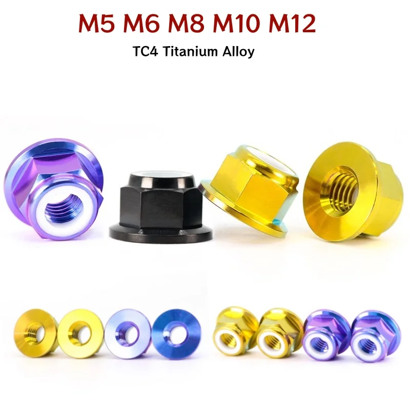 1pcs TC4 Titanium Alloy Nut M5 M6 M8 M10 M12 Flange Nylon Insert Self-Locking Lock Nuts for Motorcycle/Cycling Modification