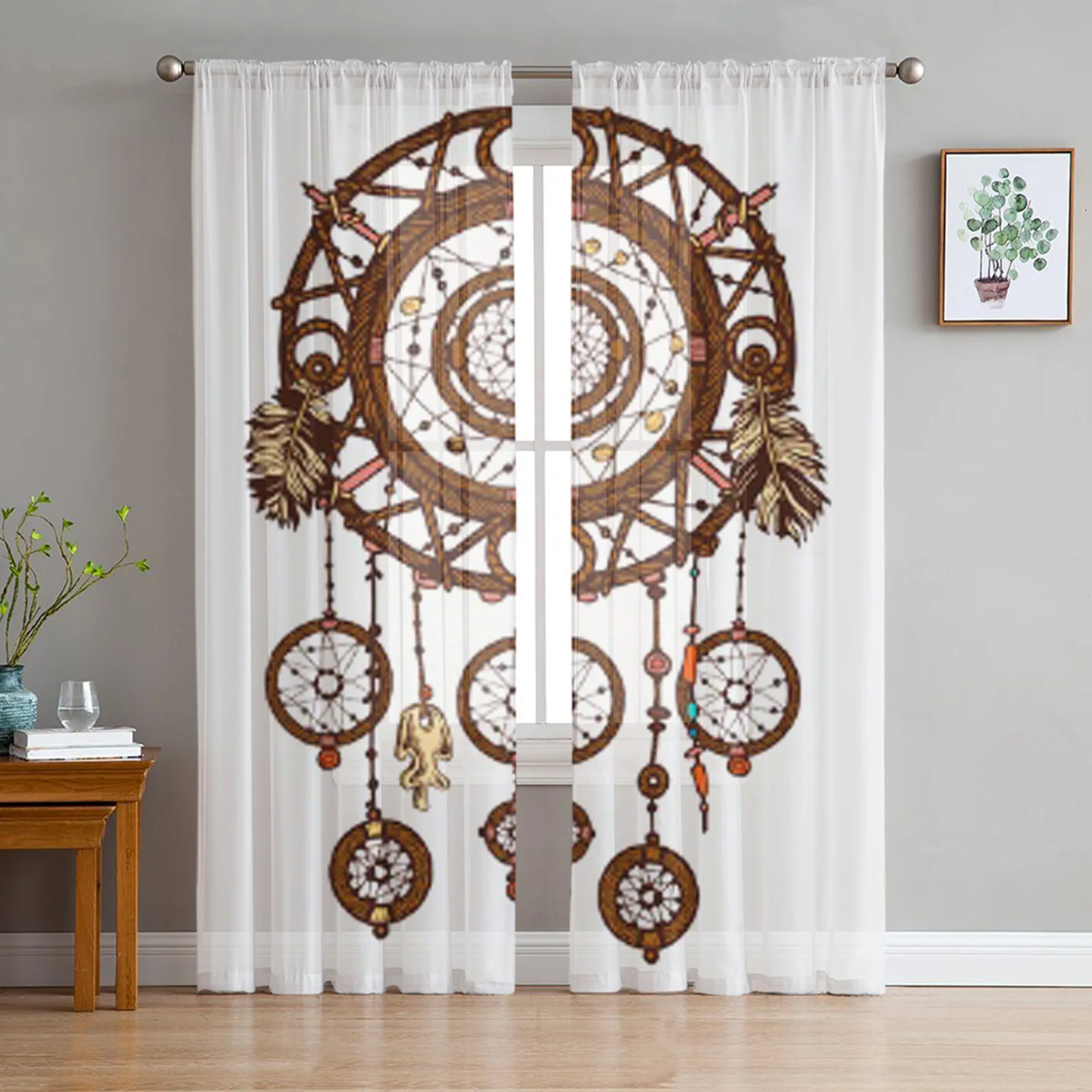 Hand-drawn Dream Catcher Tulle Curtains For Living Room Decoration Modern Veil Chiffon Curtains Bedroom Sheer Drapes