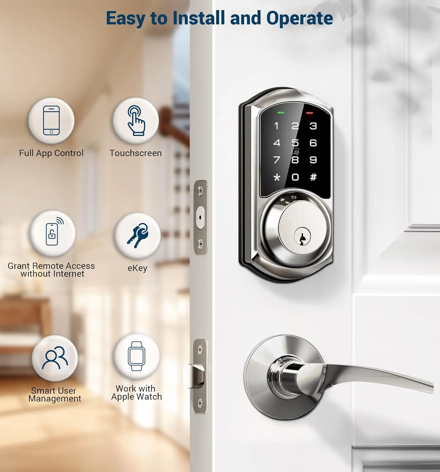 Veise Smart Deadbolt مع التحكم في التطبيق، قفل ذكي للدخول بدون مفتاح للباب الأمامي، قفل باب رقمي إلكتروني مع رمز