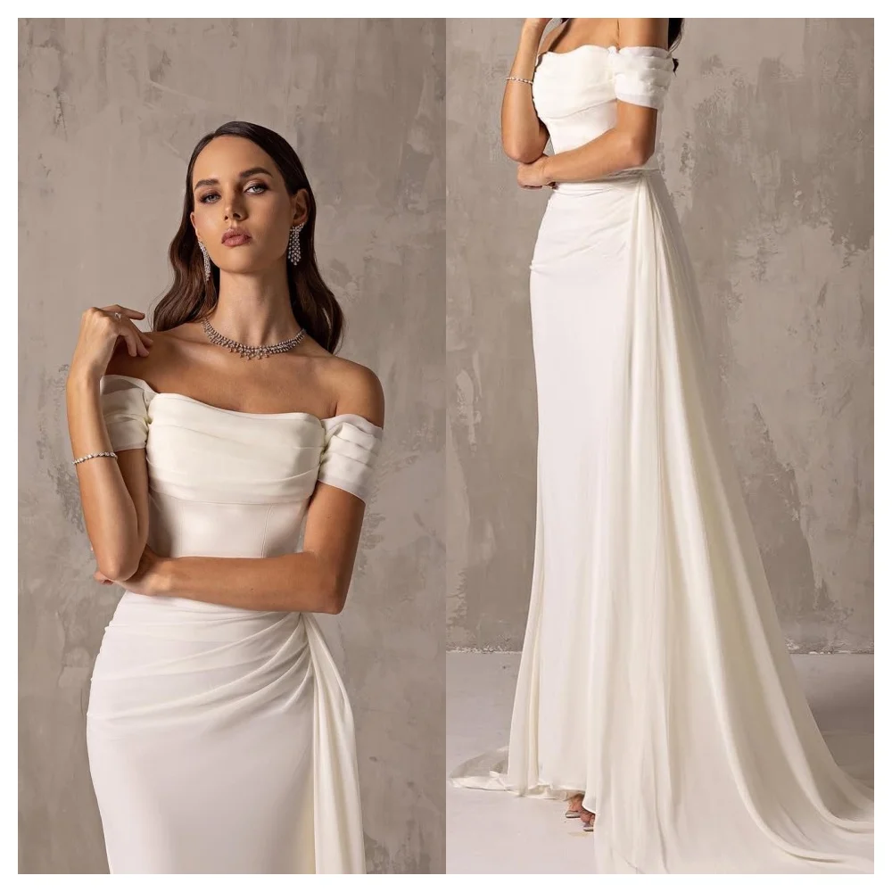 Robe de soirée en mousseline de soie blanche, personnalisée, Simple, mode, col bateau, épaules dénudées, sans manches, robes de célébrité modernes