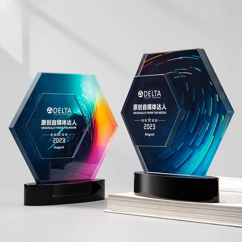 Customized Hexagonal Crystal Trophy Company Annual Meeting Excellent Employee Souvenirs Home Decoration Color Printing Medal 1Pc