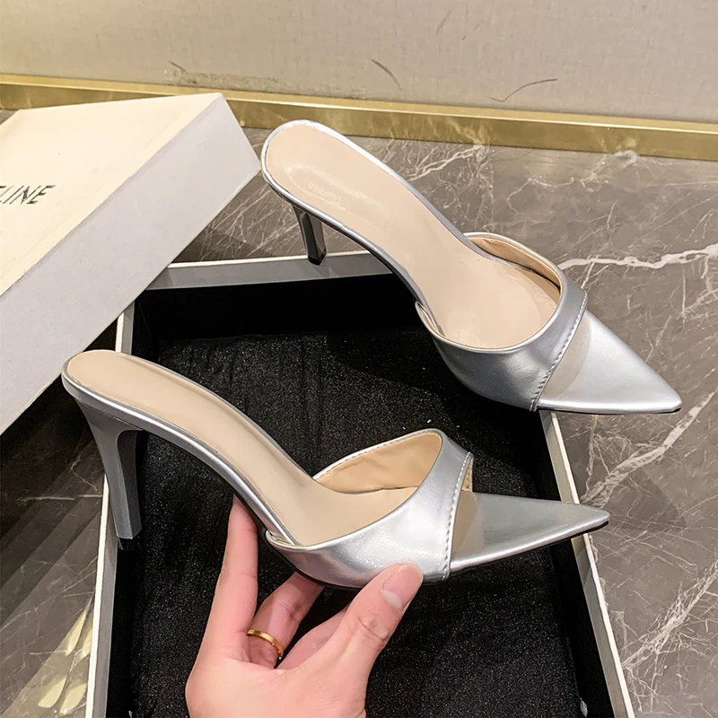 New High-heeled Slippers Shoes Fashion Pointed Sexy Patent Leather Women with Open Toes and Party Wedding Stripper Sandals