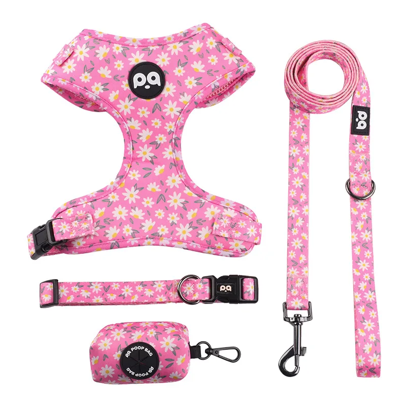 4 in 1 Dog Harness Collar Leash Set Dog Poop Holder Bag Pet Vest Harness Breathable Pet Collar Leash For Small Medium Dogs