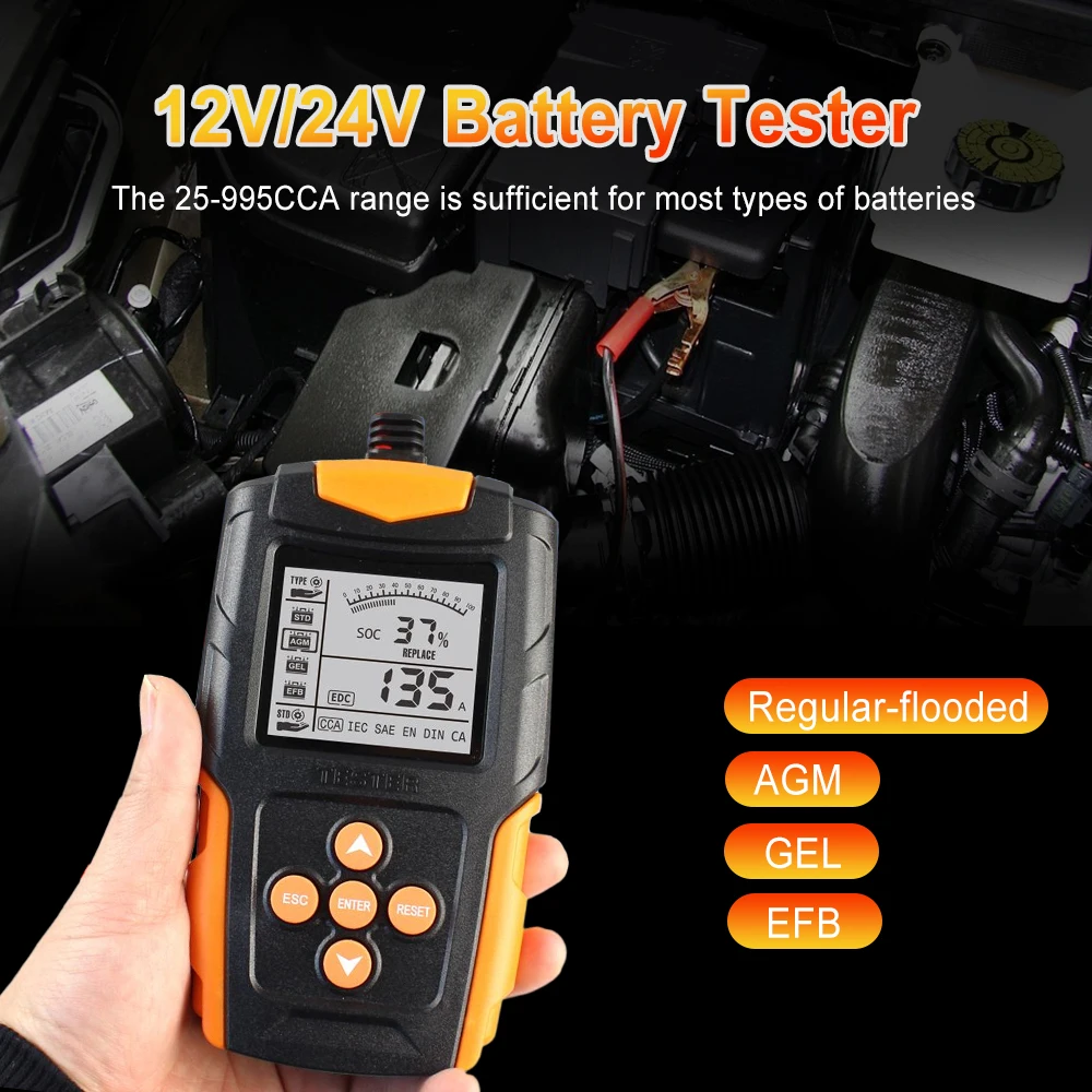 Tester per Batterie Auto Degreat DM 12V 24V con Display LCD Arancione, Analizzatore e Caricabatterie, Strumento Diagnostico per Batterie Gel, AGM, WET, CA, SLA, Misurazione CCA, IR, SOH