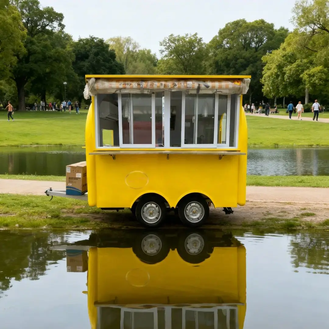 

Outdoor Food Trailer Main Body Bright Yellow Large Area Transparent Display Window Included