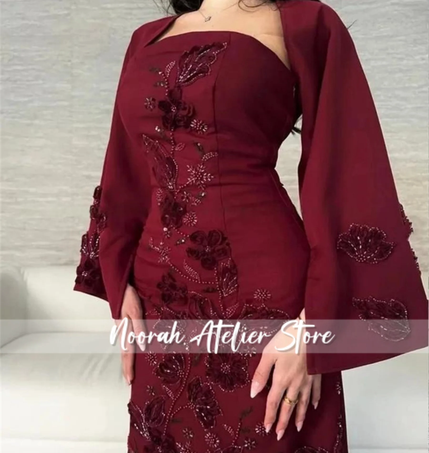 Rosenrote Perlenapplikationen mit langen Ärmeln, luxuriöse, hochwertige Damen-Abendkleider 2025, elegantes Hochzeitskleid, individuell gestaltet