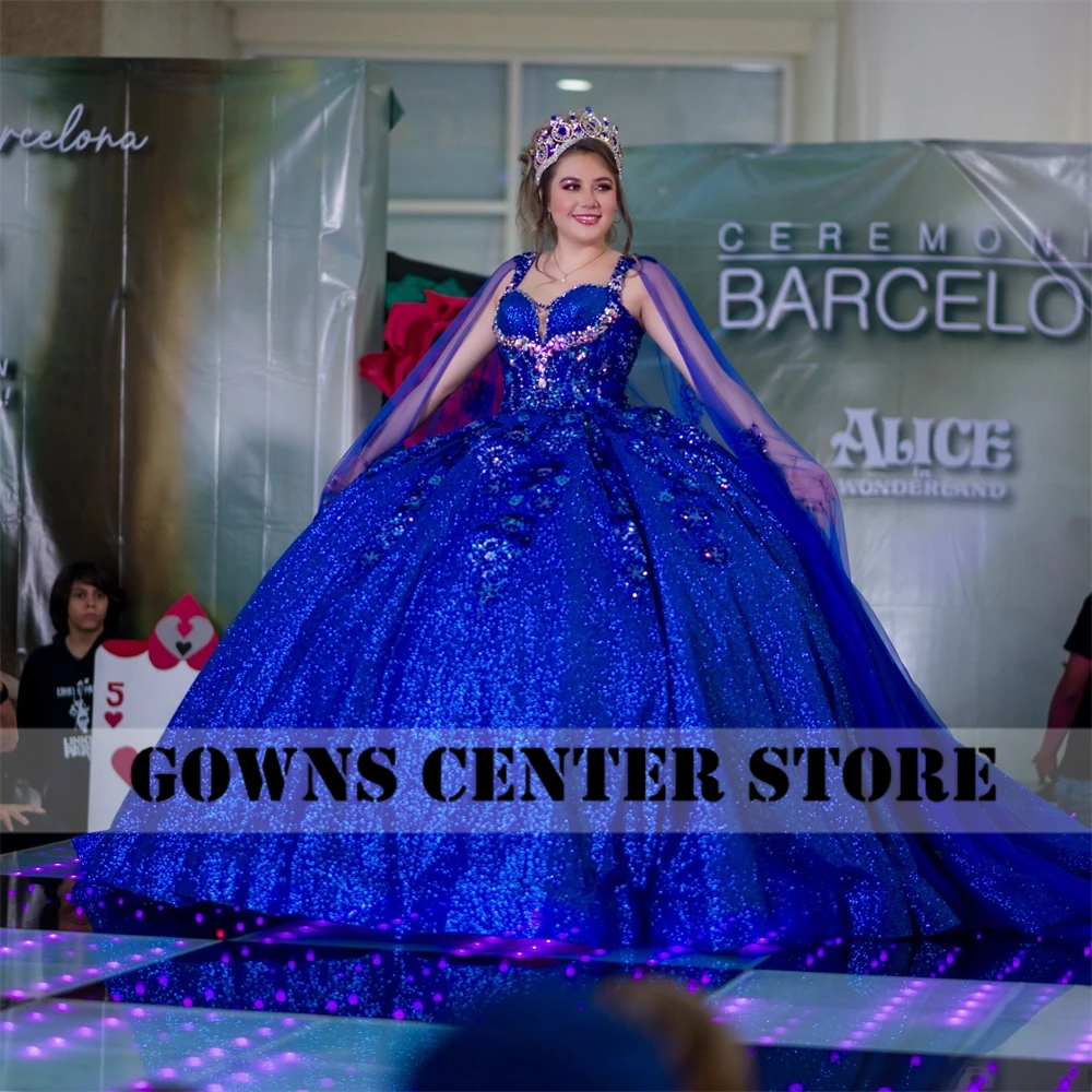 Impression Spaghetti King Blue Quinceanera Dress With Cape Beaded Crystal Applique Ball Gown vestidos de 15 quinceañera azul rey