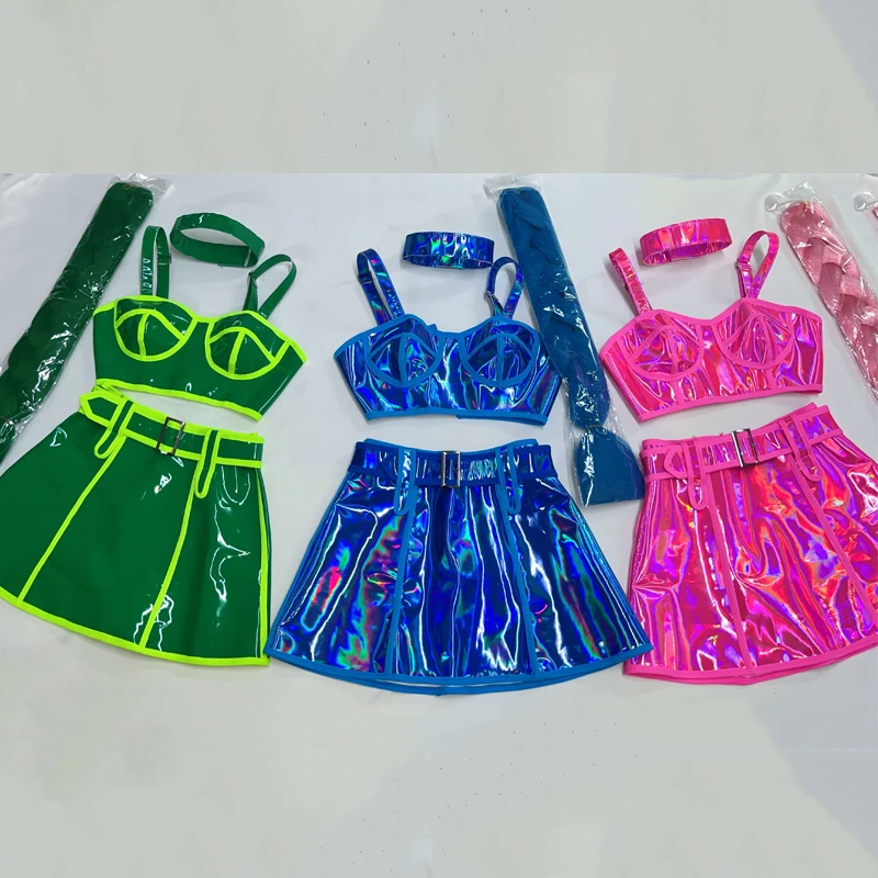 

Bar Nightclub Ds Dj Pole Dance Wear PU Laser Top Skirts Female Gogo Clothing Drag Queen Costumes Stage Show Rave Outfit XS4993