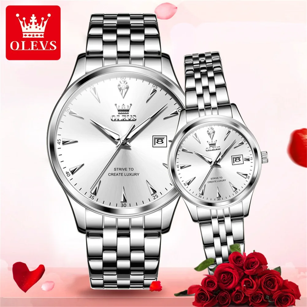 Olevs Top Luxe Merk Paar Horloge Waterdicht Roestvrij Staal Quartz Horloge Voor Heren En Dames Date Lover Origineel Polshorloge