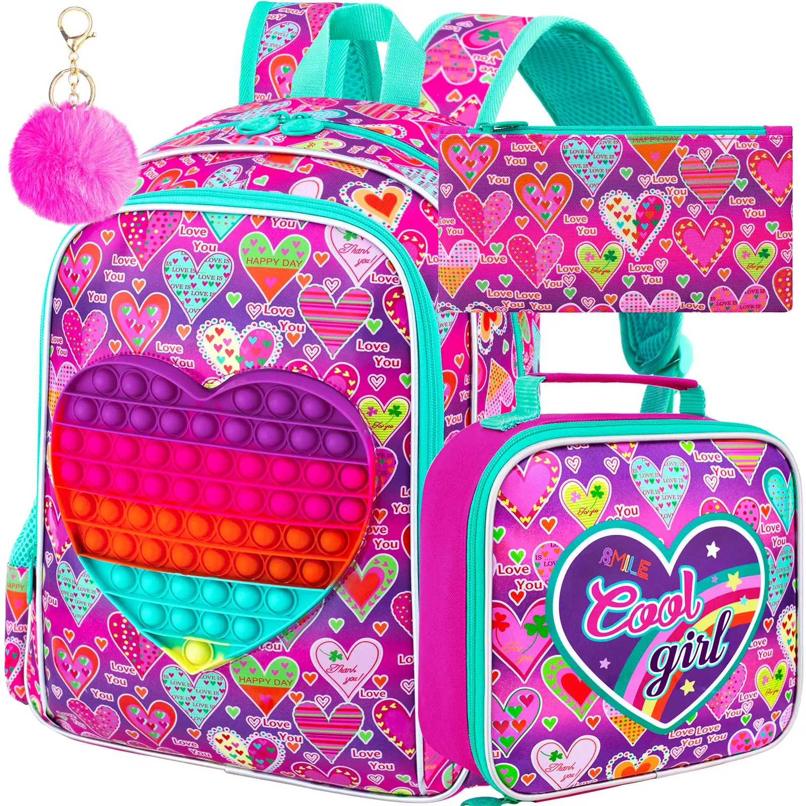 kid's-backpack-3pcs-16-inch-uv-print-heart-pop-fidget-girls-school-backpack-set-one-backpack-one-handbag-and-one-pencil-case