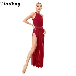 Traje de dança sem mangas para mulheres, saia de dança lírica, strass brilhante traseiro, divisão lateral, vestido maxi malha