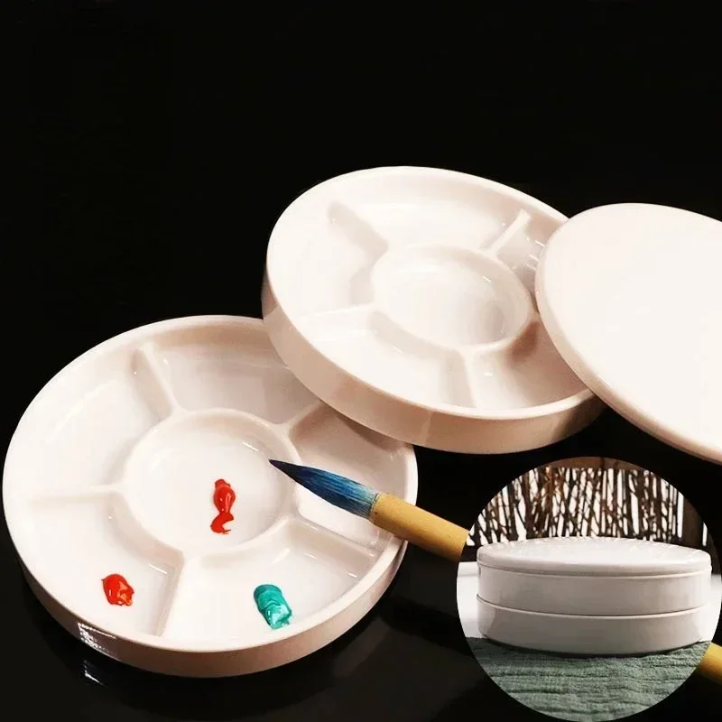 Multifunctional Imitation Porcelain Round Palette with Lid White Paint Tray for Acrylic And Watercolor Artist Supplies