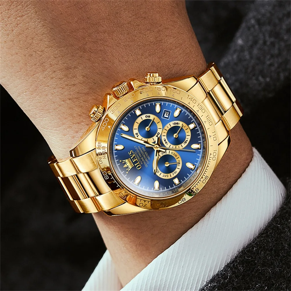 OLEVS Luxury Men's Automatic Mechanical Watch Blue Dial Full Gold Steel Strap Date Week Waterproof Luminous Male Wrist Watch