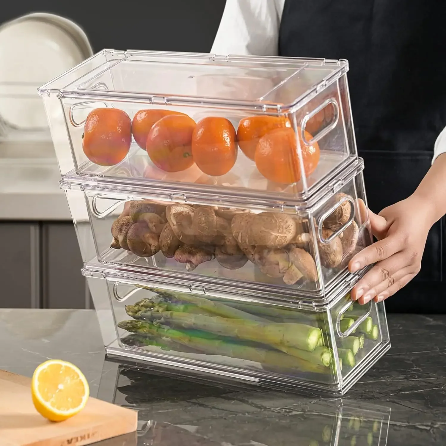 

7Pack Clear Fridge Drawer Organizer Pull out Bins Stackable Refrigerator Organizer Bins Handle for Kitchen Cabinet Organization