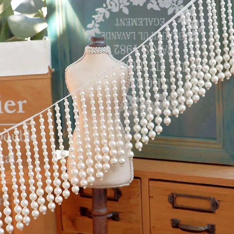 

50/100cm Beaded Pendant Tassel Lace Trim Imitation Pearl Fringe Trimming DIY Dress Stage Clothes Curtain Upholstery Decor Crafts