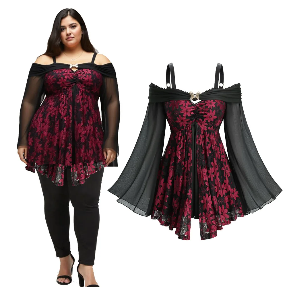 

ROSEGAL Plus Size Cold Shoulder Chiffon Top with Textured Flare Sleeves Flower Lace Butterfly Buckle Design Women's T-Shirts
