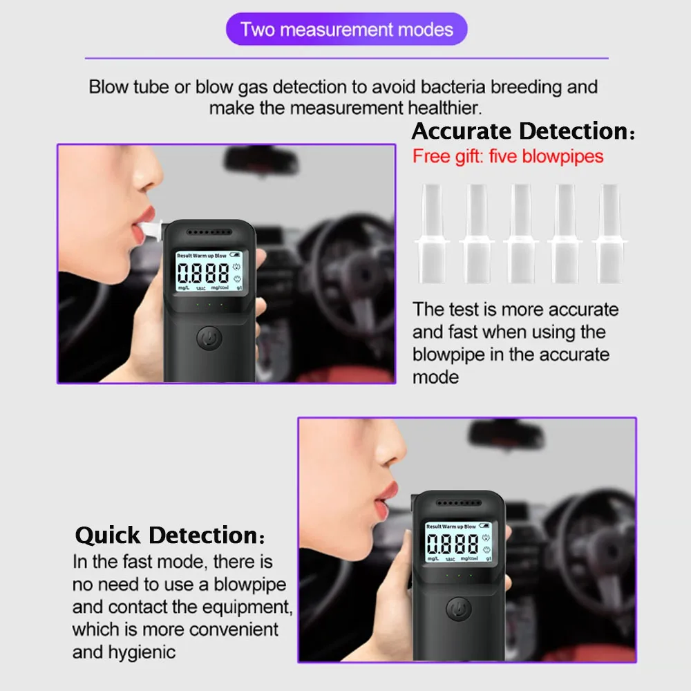 High-sensitivity Alcohol Breathalyzer Quick Results Alcohol Tester Detachable Blowpipe Portable Handheld Alcohol Tester