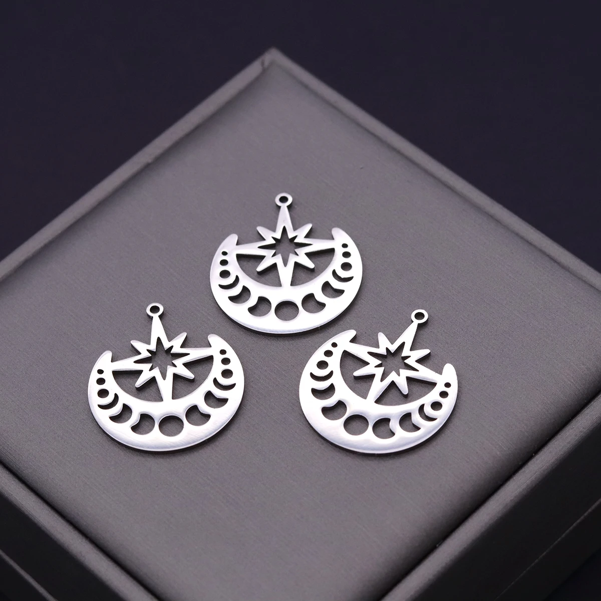 3pcs Celestial Crescent Moon Phase & Star Charm Pendant For Necklace Earrings Jewelry Making Crafts Stainless Steel Charm