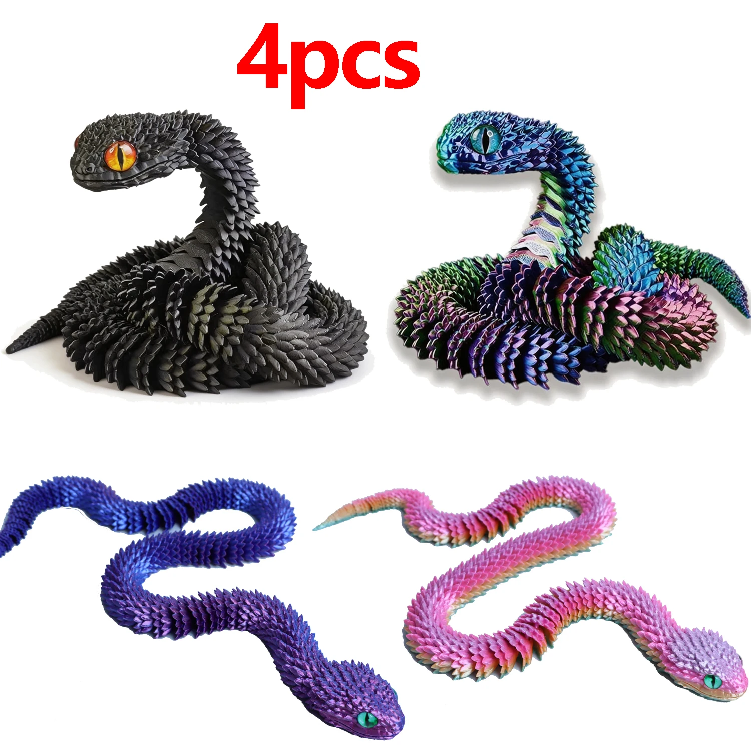 4Pcs 3D Printed Articulated Snake Toy Flexible Joint Snake Model Sensory Fidget Toy Desktop Ornament Collectible Decor 30/45cm