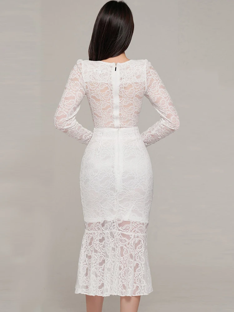 ملابس حريمي 2 قطعة الزي أنيقة السيدات الأبيض الدانتيل بلوزات مستديرة العنق قميص بلوزة وارتفاع الخصر ميدي ذيل السمكة تنورة Mujer مجموعة جديدة