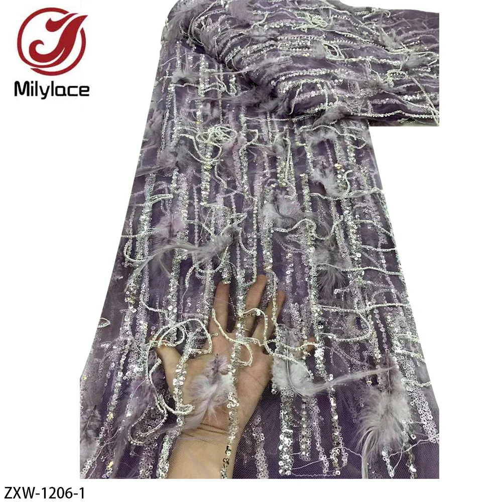 

High Quality African Lace Fabric Sequins Lace France Luxury 3D Feather Embroidered Tulle Lace Fabric for Sewing ZXW-1206