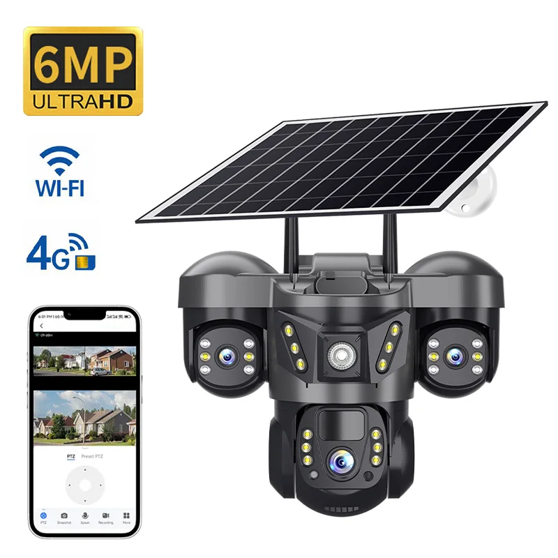 6MP V380pro APP Solarbetriebene Dreifach-Objektiv-Kamera mit AOV, 4G WIFI, Vollfarbige KI-Menschenerkennung, Heimsicherheit CCTV Babymonitor