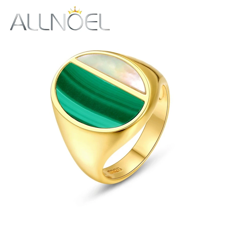 ALLNOEL Natural Malachite Resizable Rings For Women 925 Sterling Silver Shell Pearls Gold Plated Fine Jewelry Luxury Bridal Gift