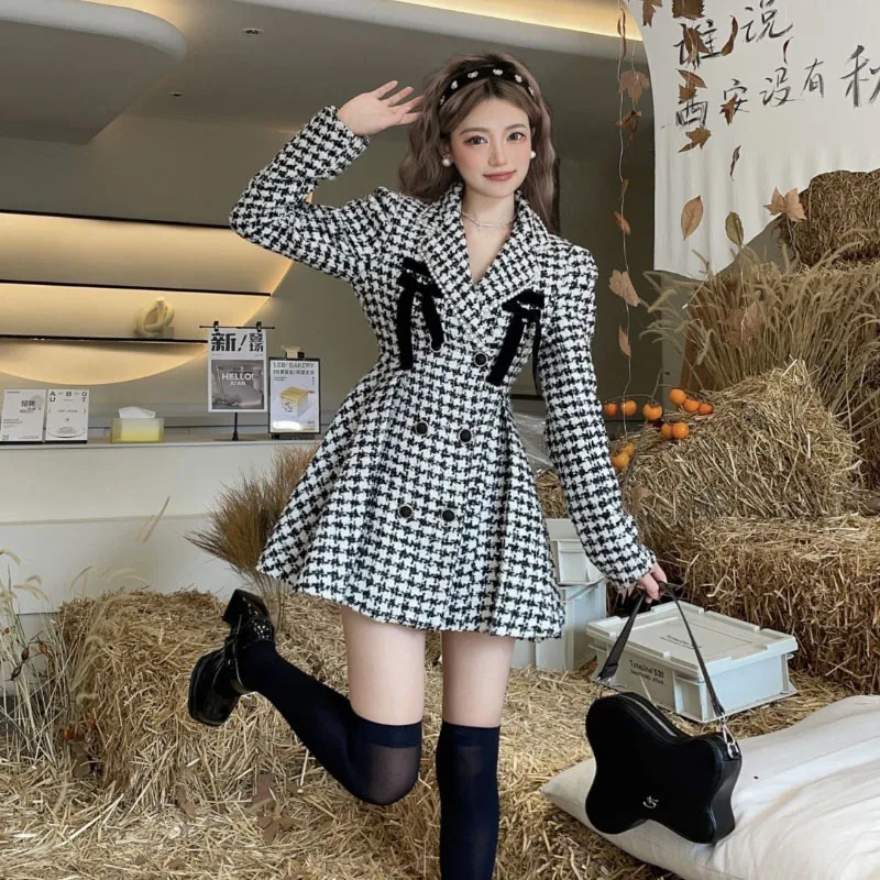 Autumn Winter 2025 New Houndstooth Coat Women\'s Overcoat Fashion Slim Sweet Double-Breasted Woolen Jacket Princess Suit Skirt