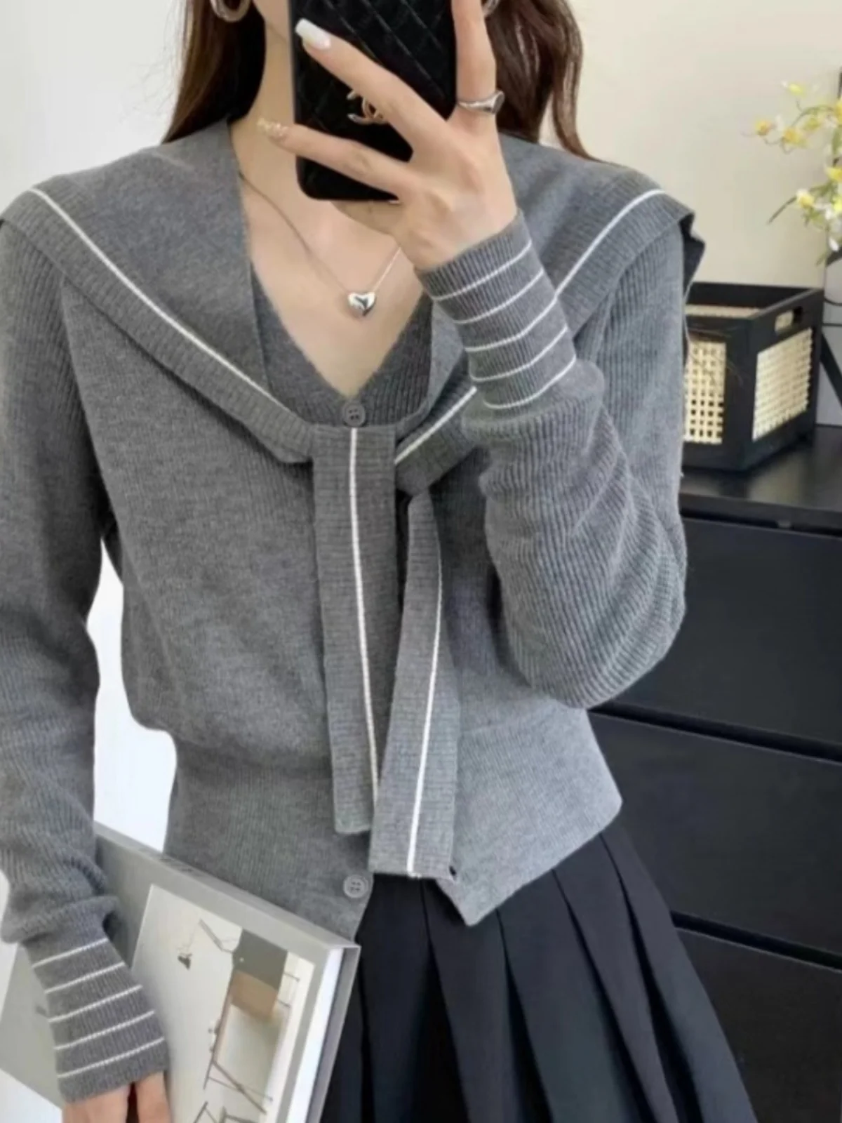 ay البحرية طوق محبوك سترة المرأة الخريف الشتاء ort سترة V-ne تنوعا قطعتين مجموعة تخفيف Sle طويل Sve