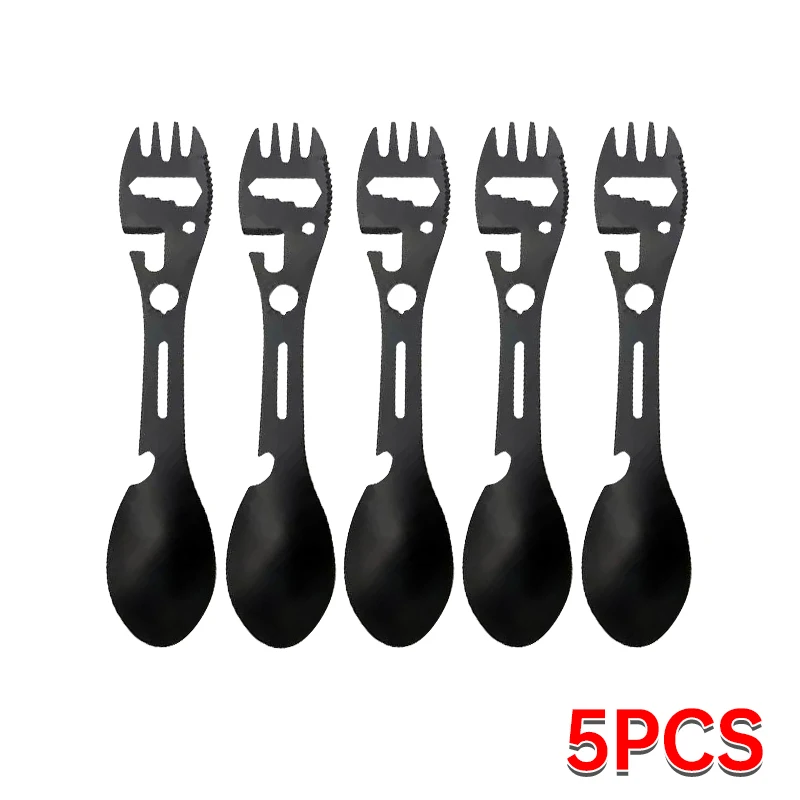 Camping-Utensilien-Set, Edelstahl, Outdoor-Überlebensausrüstung, 5-in-1-Geschirr, Reisen, Wandern, Besteck, Gabel, Löffel, Öffner