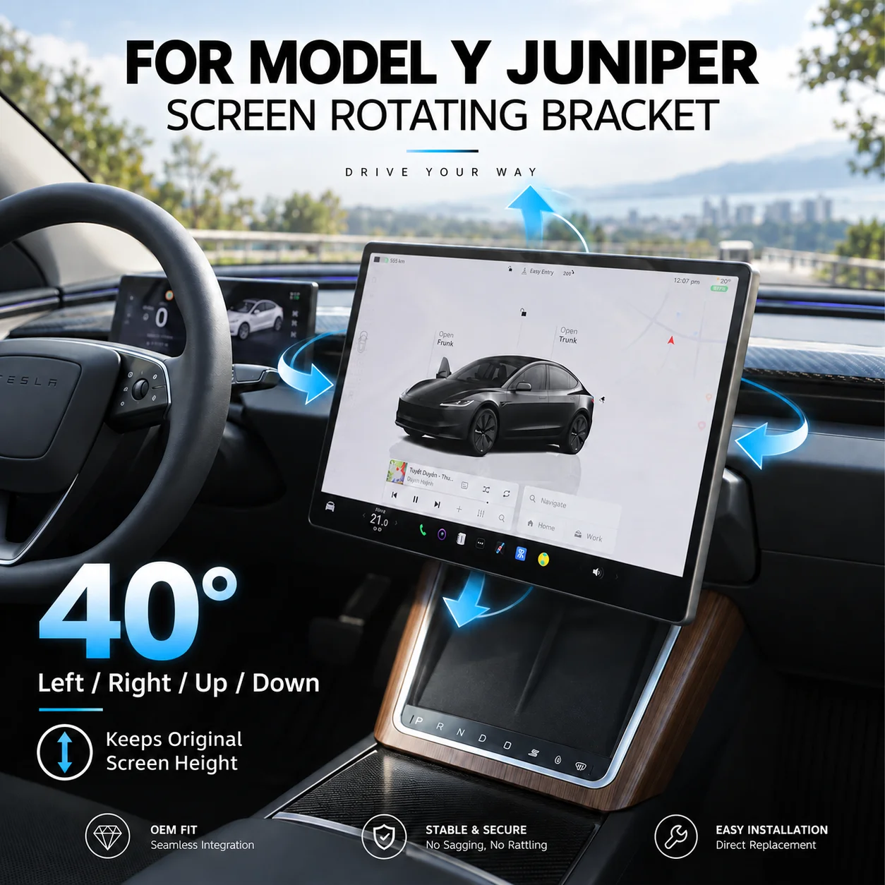 4-Way Screen Swivel Mount Kit for Tesla Model 3 / Y / Highland / Juniper / YL 40° Rotating Bracket for GPS Navigation Display