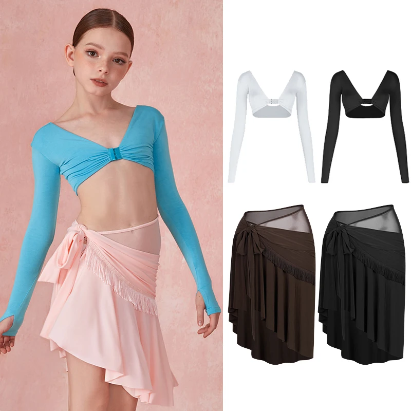 New ZYM Kids Latin Dance Clothes Long Sleeves Short Tops Pink Black Skirt Girls Cha Cha Rumba Dance Dress Practice Wear DNV21753