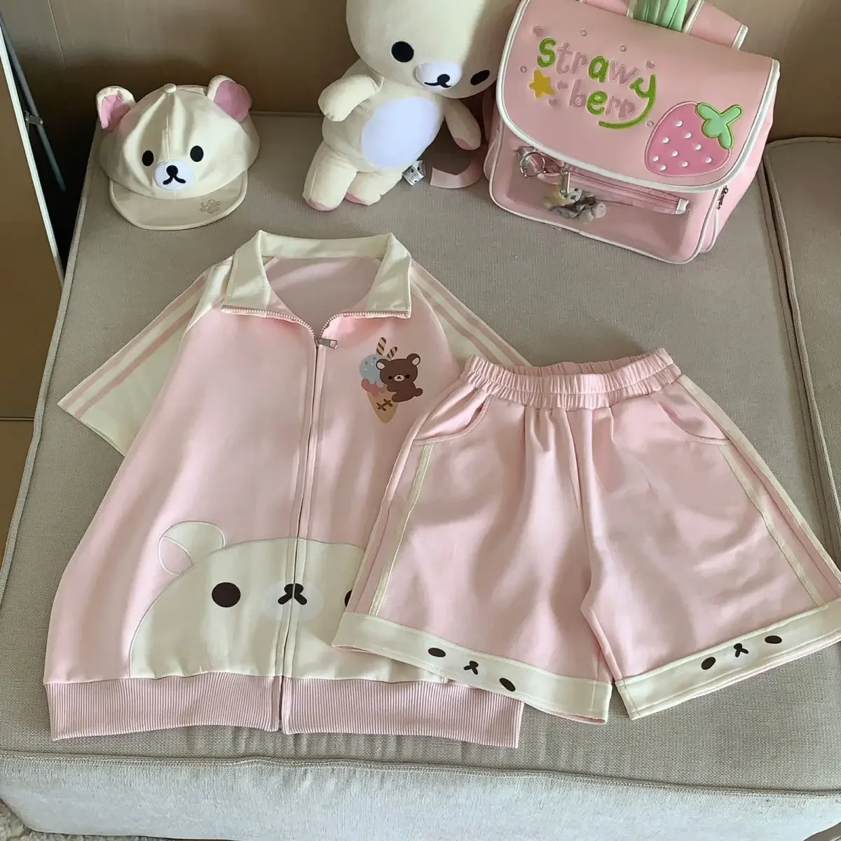 Japanese Cute Bear Aesthetic Short Sleeved Zipper Cardigan + Elastic Waist Shorts Summer Loose 2 Piece Sets Women Y2k Suits