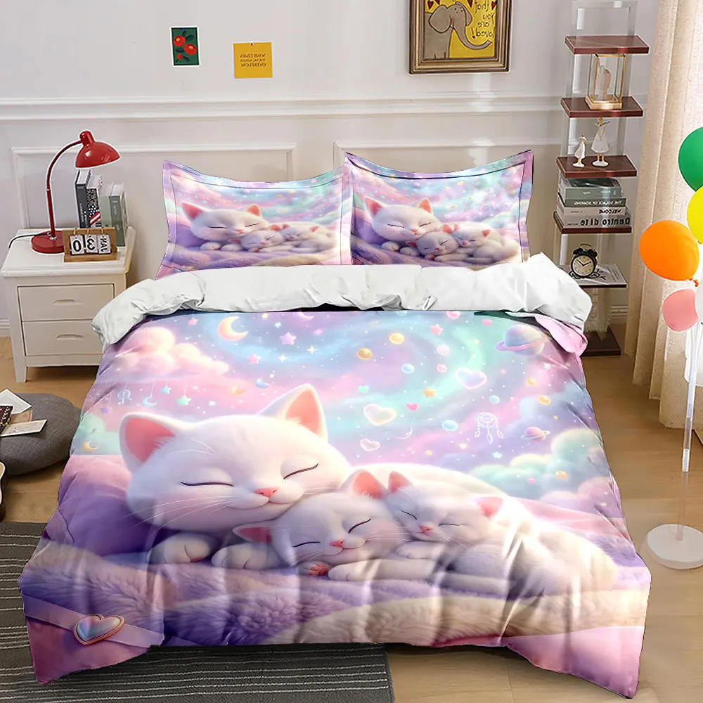 

Cozy cat family under dreamy sky Duvet Cover Set with 3D Printing Design Soft Polyester Bedding Set All-Season Comfort