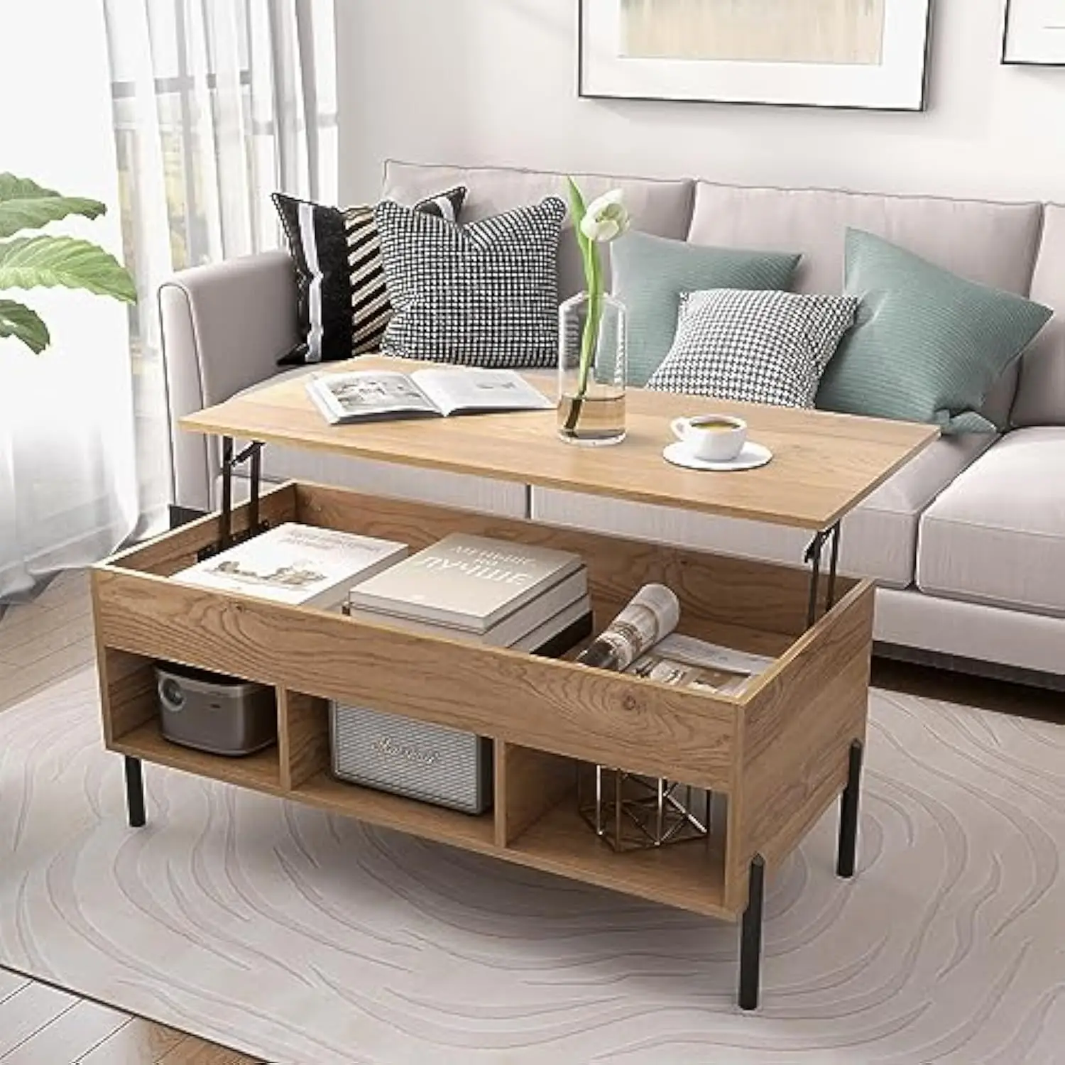 

Lift Top Coffee Table - Rectangular Wooden Table w/Hidden Compartment & Open Storage Shelves, Multifunctional Modern Flip Top