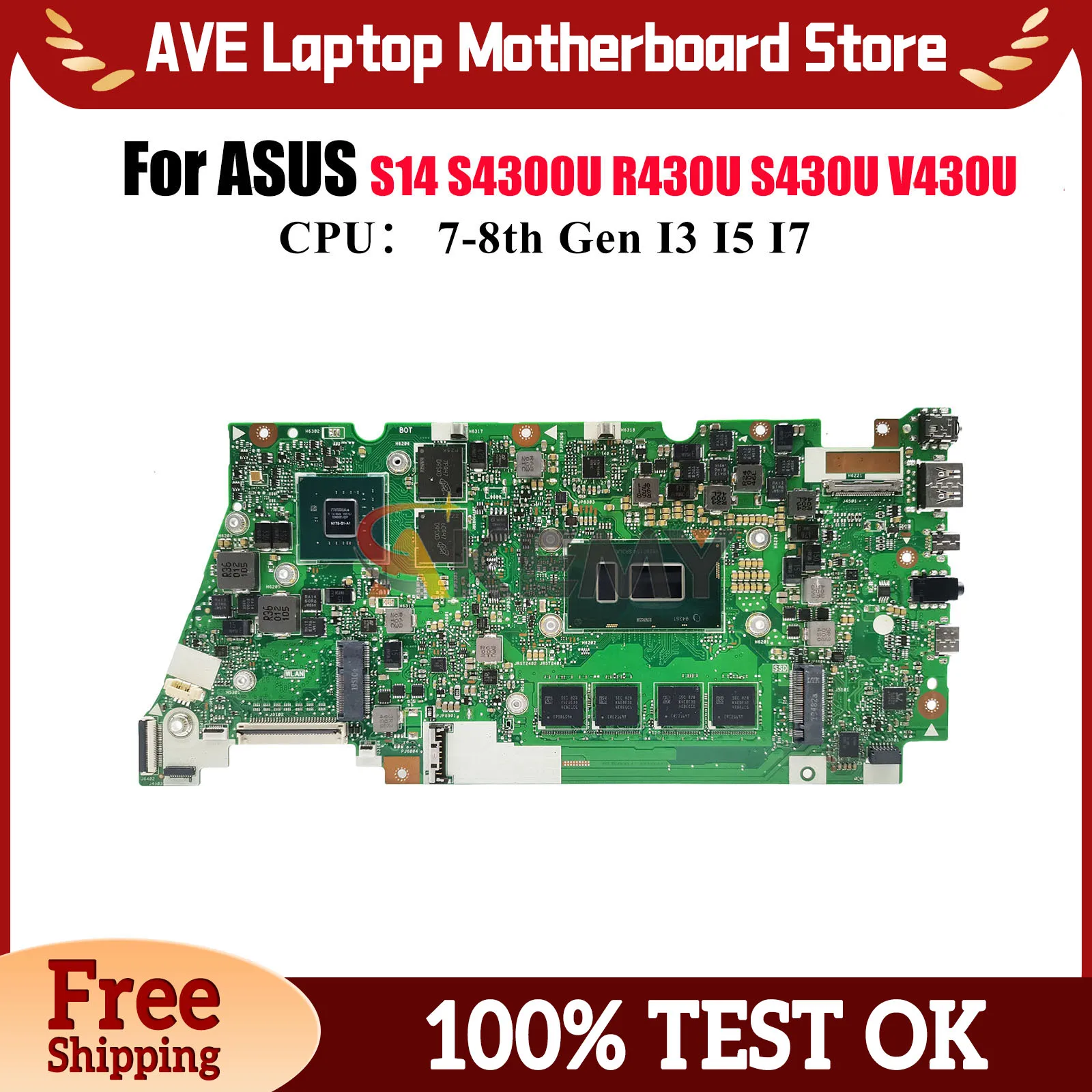 

X430UN Laptop Motherboard For ASUS VivoBook S430U V430U S4300U S14 X430U X430UN K430U R430U Mainboard With I3 I5 I7 CPU tests OK