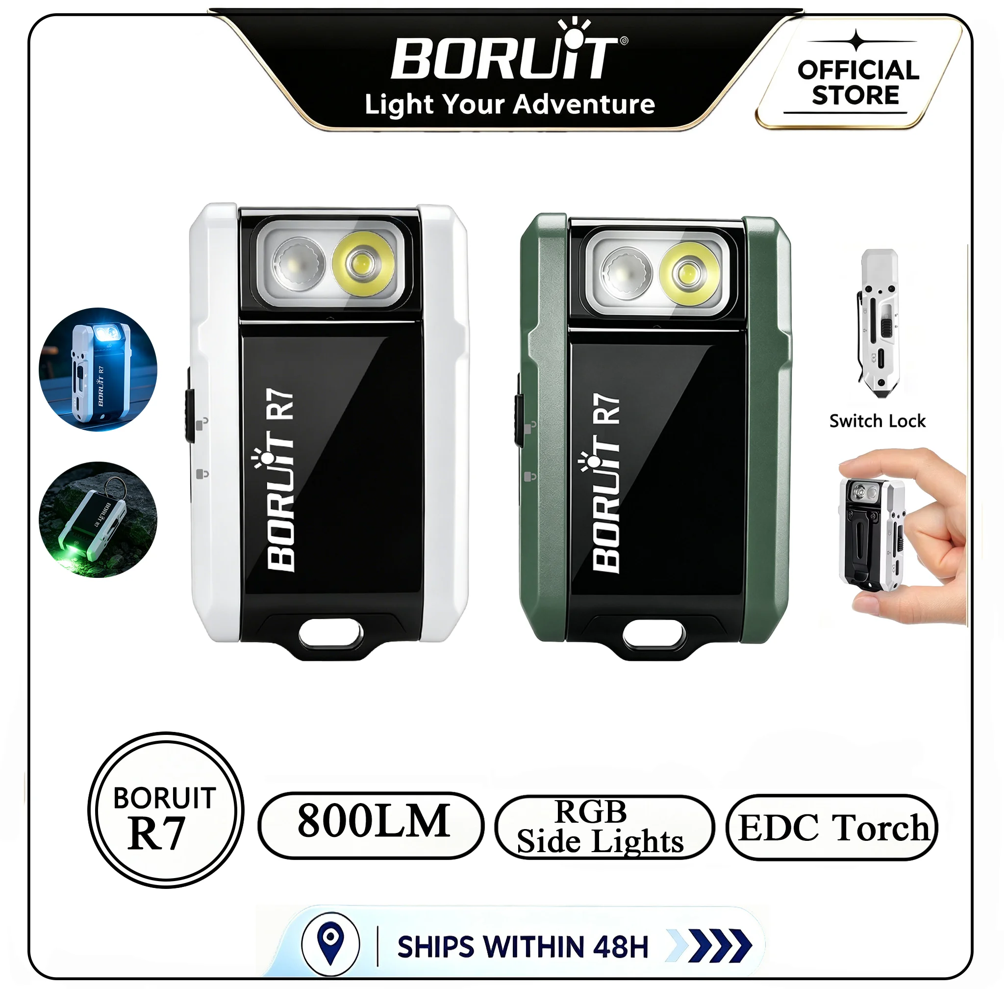 Linterna BORUiT R7 de 800 lúmenes, multicolor, con carga tipo C, llavero, imán, resistente al agua, para camping, hogar y emergencias.